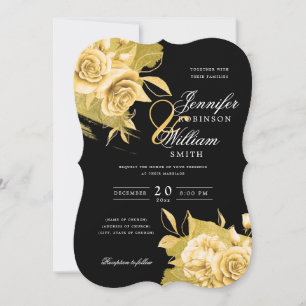 Simple Elegant Wedding Gold Floral & Foil Black Invitation