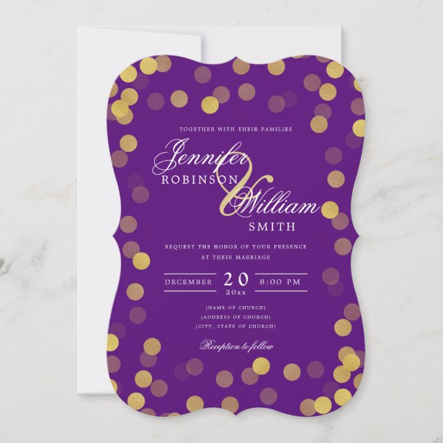 Simple Elegant Wedding Gold Purple Confetti Invitation (Front)