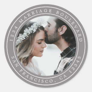 Simple Elegant Wedding Photo Grey Return Address Classic Round Sticker