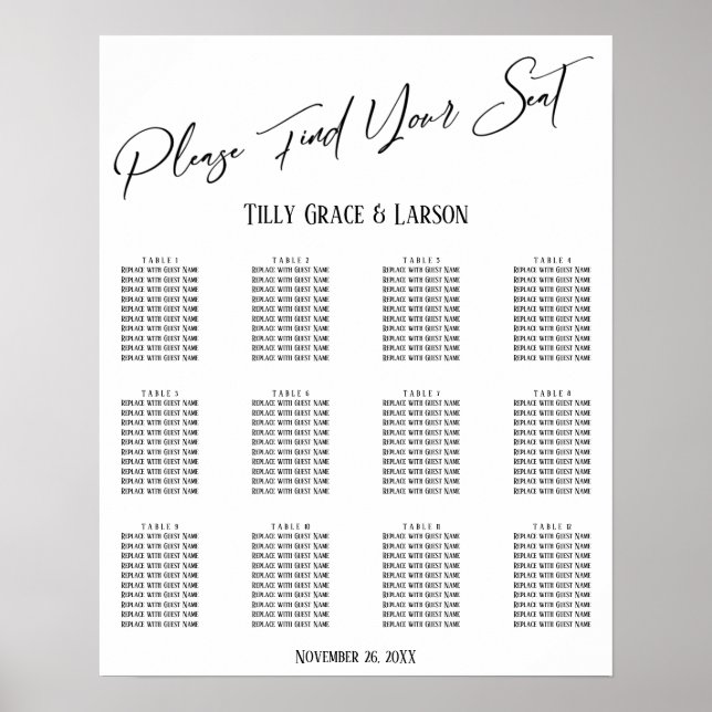Simple Elegant Wedding Reception Seating Chart (Front)