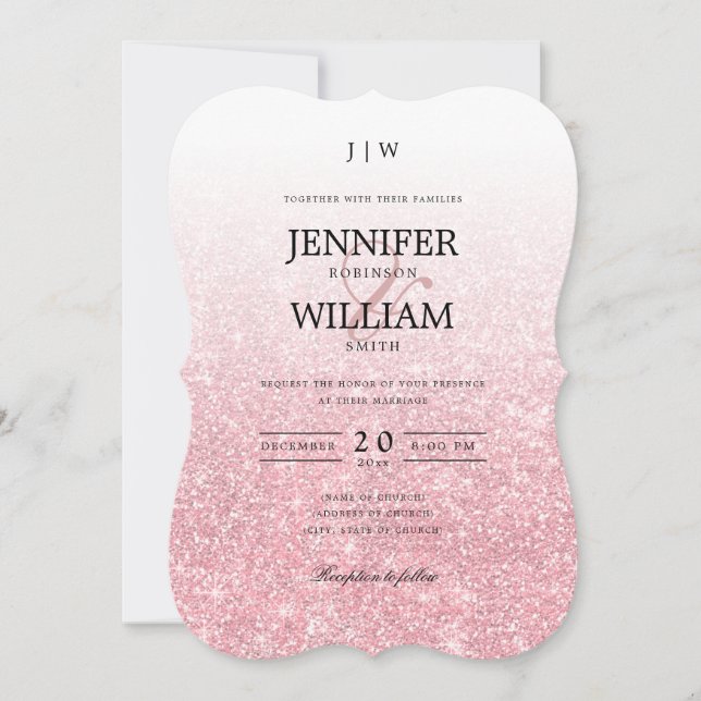 Simple Elegant Wedding Rose Gold Glitter Monogram Invitation (Front)