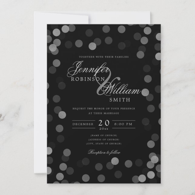 Simple Elegant Wedding Silver Confetti Black Invitation (Front)