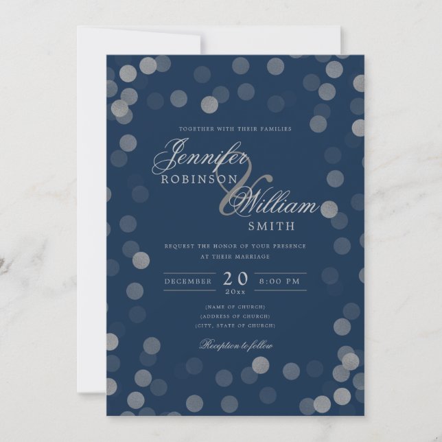 Simple Elegant Wedding Silver Confetti Navy  Invitation (Front)