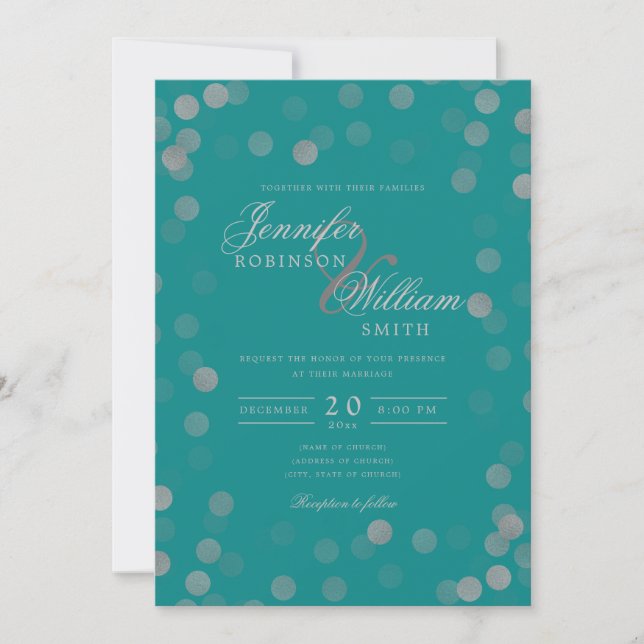 Simple Elegant Wedding Silver Confetti Teal  Invitation (Front)