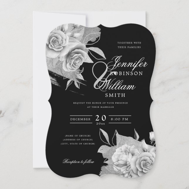 Simple Elegant Wedding Silver Floral & Foil Black  Invitation (Front)