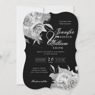 Simple Elegant Wedding Silver Floral & Foil Black  Invitation