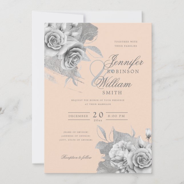 Simple Elegant Wedding Silver Floral & Foil Blush  Invitation (Front)