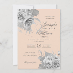 Simple Elegant Wedding Silver Floral & Foil Blush  Invitation