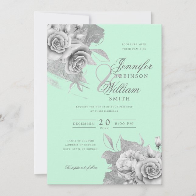 Simple Elegant Wedding Silver Floral & Foil Mint  Invitation (Front)