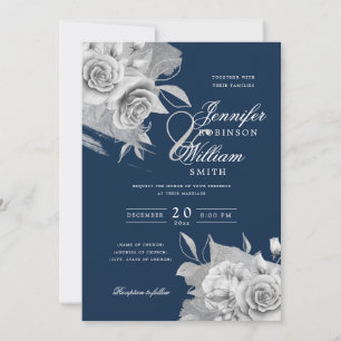 Simple Elegant Wedding Silver Floral & Foil Navy Invitation