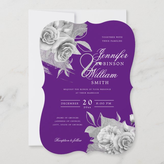Simple Elegant Wedding Silver Floral & Foil Purple Invitation (Front)
