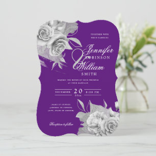 Simple Elegant Wedding Silver Floral & Foil Purple Invitation