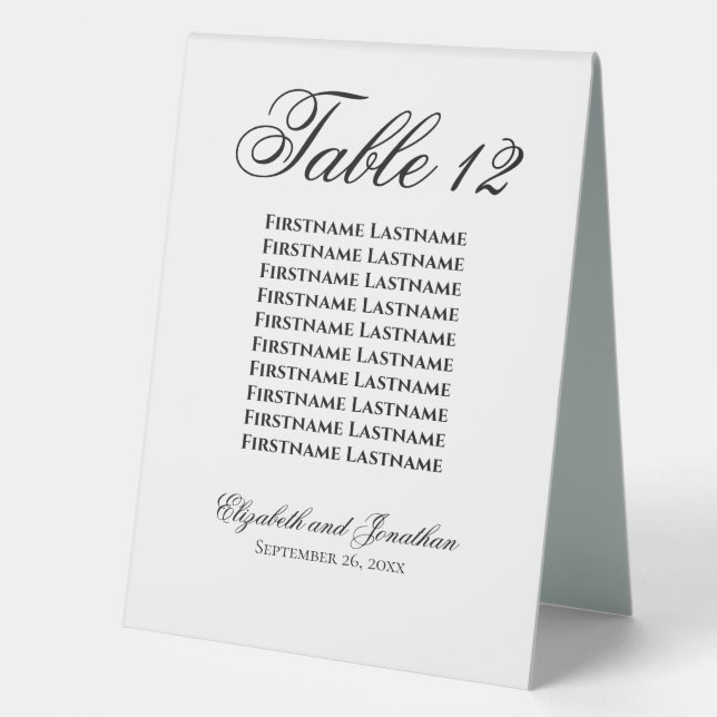 Simple Elegant Wedding Table Number with Names (Front)
