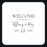 Simple Elegant Wedding Welcome Square Sticker<br><div class="desc">This simple elegant wedding welcome square sticker is perfect for your modern minimalist black and white wedding. The design features minimal contemporary font accompanied by formal calligraphy. Keep it as is,  or choose to personalise it with your own artwork or photos!</div>