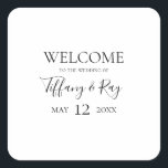 Simple Elegant Wedding Welcome Square Sticker<br><div class="desc">This simple elegant wedding welcome square sticker is perfect for your modern minimalist black and white wedding. The design features minimal contemporary font accompanied by formal calligraphy. Keep it as is,  or choose to personalise it with your own artwork or photos!</div>