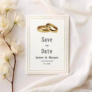 Simple elegant white and gold rings Save the Date Invitation