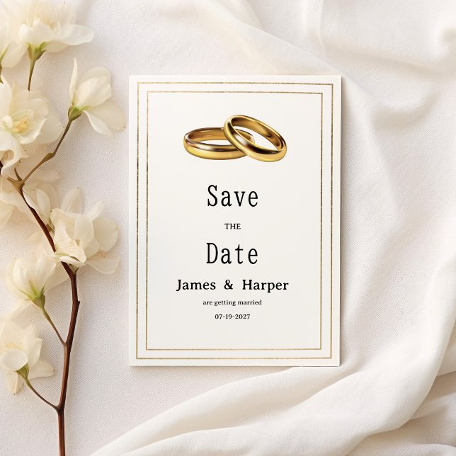 Simple elegant white and gold rings Save the Date Invitation (Simple elegant white and gold rings Save the Date )