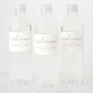 Simple Elegant White and Rose Gold Wedding Water Bottle Label