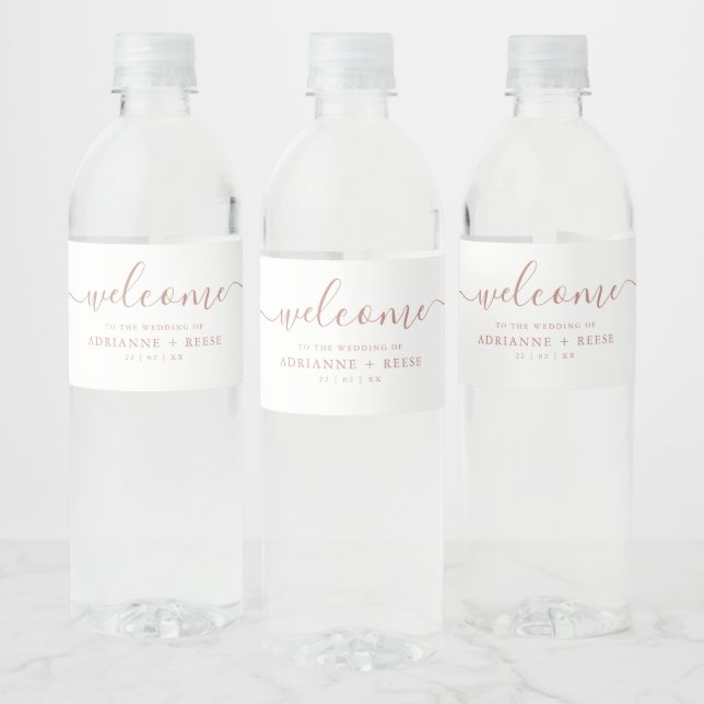 Simple Elegant White and Rose Gold Wedding  Water  Water Bottle Label (Bottles)