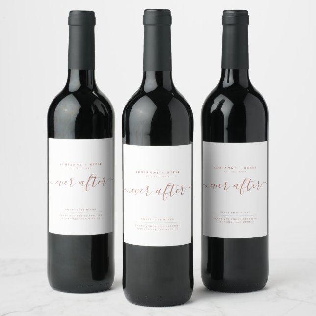 Simple Elegant White and Rose Gold Wedding Wine Label (Bottles)