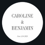Simple Elegant White Background Custom Wedding Classic Round Sticker<br><div class="desc">Simple Stylish Classic Typography Elegant Trendy Wedding Classic Round Sticker in Black and White</div>