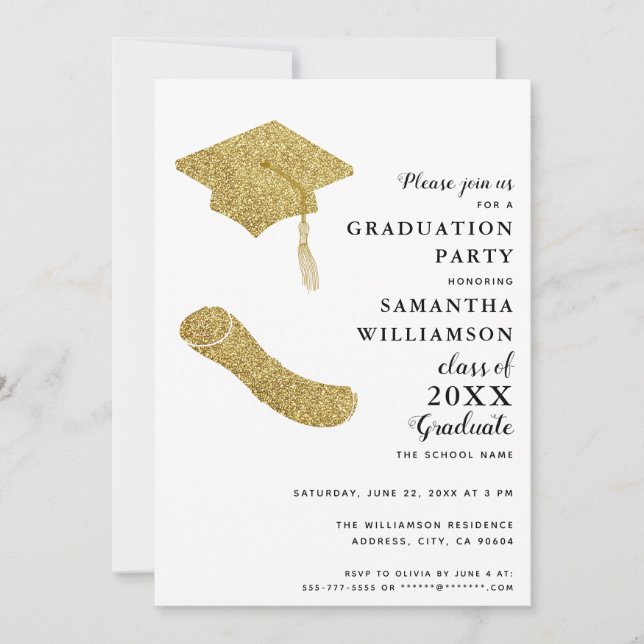 Simple Elegant White Black Gold Graduation Party Invitation (Front)