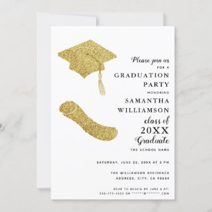 Simple Elegant White Black Gold Graduation Party Invitation