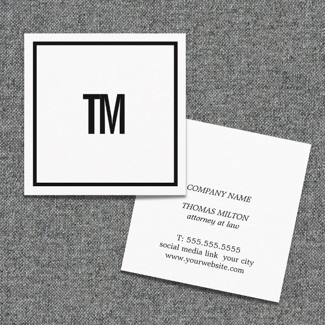 Simple Elegant White Black Monogram Attorney Square Business Card (Creator Uploaded)