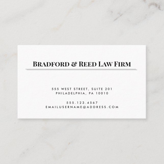 Simple Elegant White Black Professional Attorney Business Card (Front)