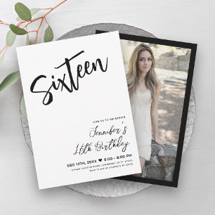 Simple Elegant White Black Sweet 16 Script  Invitation