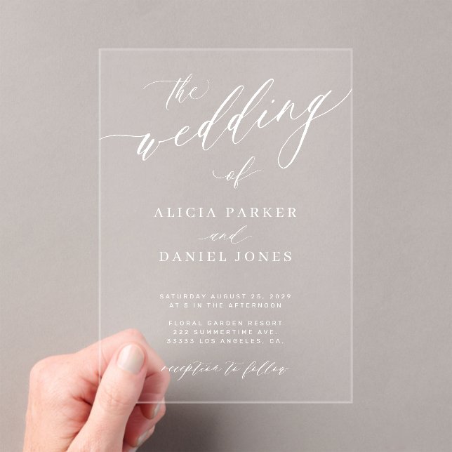 Simple elegant white calligraphy clear wedding  acrylic invitations (Insitu (Handheld))