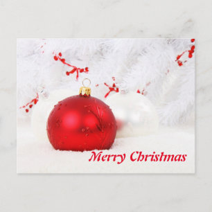 Simple Elegant White DecorRed Ball Merry Christmas Holiday Postcard