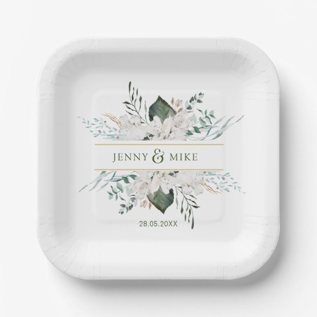 Simple, elegant white flowers paper plate (Front)