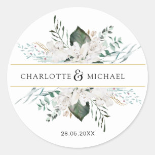 Simple, elegant white flowers wedding classic round sticker