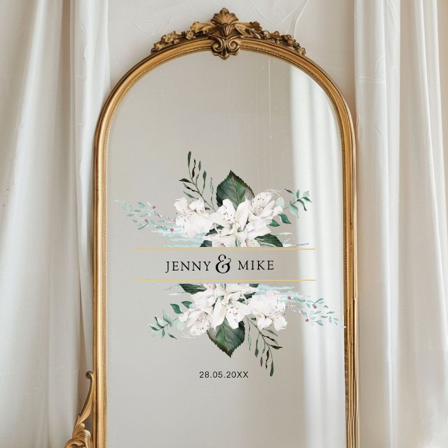 Simple, elegant white flowers wedding  window cling (Personalized, simple, elegant white flowers wedding window cling with your names and date.)