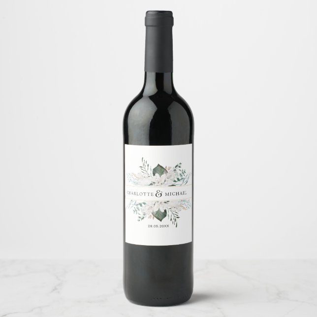 Simple, elegant white flowers wedding wine label (Front)