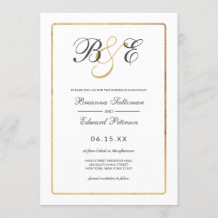 Simple Elegant White Gold Border Monogram Wedding Invitation