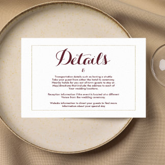 Simple elegant white gold burgundy Details Enclosure Card