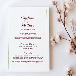 Simple elegant white gold burgundy Wedding Menu