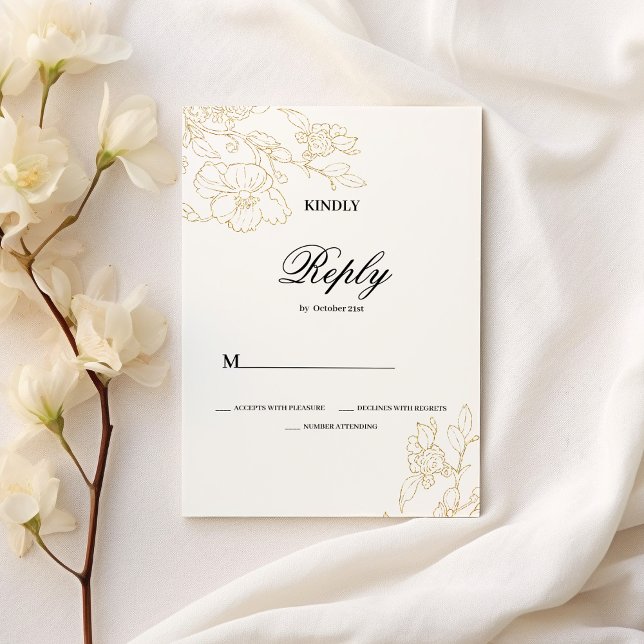 Simple elegant white gold floral Wedding RSVP Invitation (Simple elegant white gold floral Wedding RSVP)