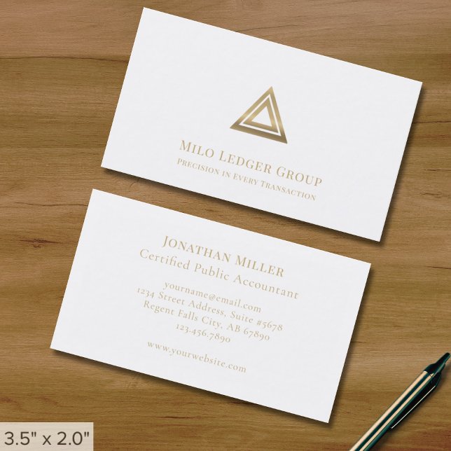 Simple Elegant White Gold Triangle Logo Business Card (Creator Uploaded)