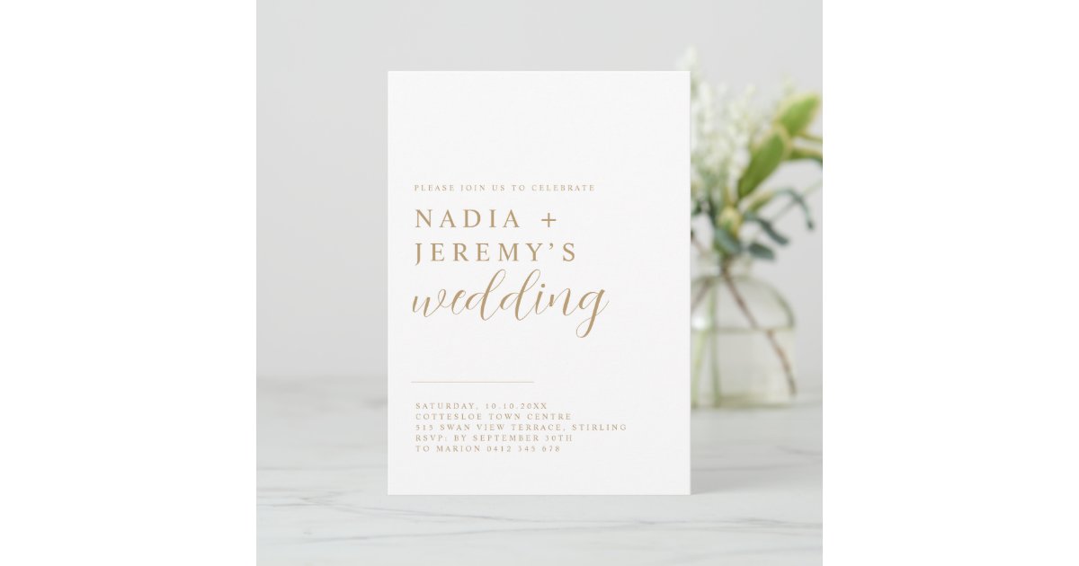 Simple Elegant White &amp; Gold Wedding Invitation | Zazzle