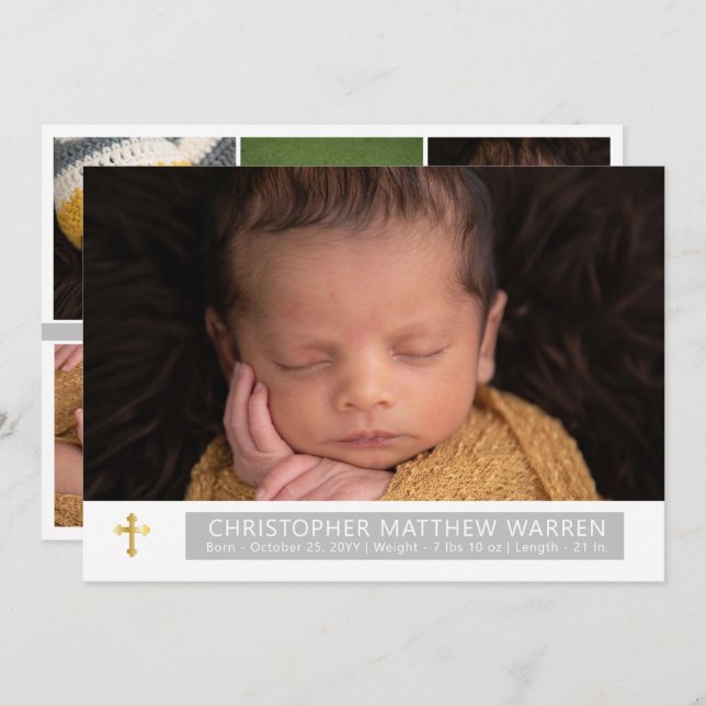 Simple Elegant White Grey Cross Baby Photo Collage Announcement (Front/Back)