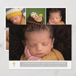 Simple Elegant White Grey Cross Baby Photo Collage Announcement