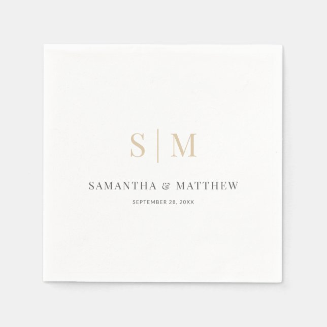 Simple Elegant White Grey Gold Monogram Wedding Napkin (Front)