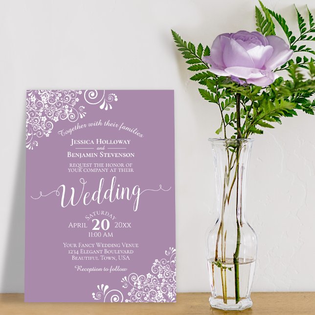Simple Elegant White Lace on Dusty Purple Wedding Invitation (Creator Uploaded)