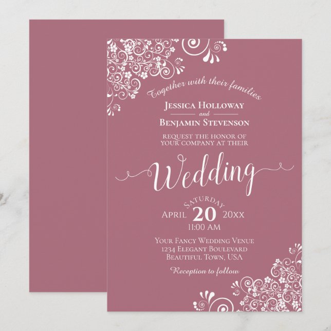 Simple Elegant White Lace on Dusty Rose Wedding Invitation (Front/Back)