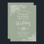 Simple Elegant White Lace on Sage Green Wedding Invitation<br><div class="desc">This beautiful wedding invitation features a simple yet elegant design with lacy script calligraphy on a sage green coloured background and frilly white floral lace filigree in the corners. The colours are perfect for a winter ceremony.</div>
