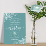 Simple Elegant White Lace on Teal Wedding Invitation<br><div class="desc">This beautiful wedding invitation features a simple yet elegant design with lacy script calligraphy on a teal or turquoise colored background and frilly white floral lace filigree in the corners. The colors are perfect for a winter ceremony.</div>