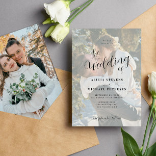 Simple elegant white overlay photo wedding invitation
